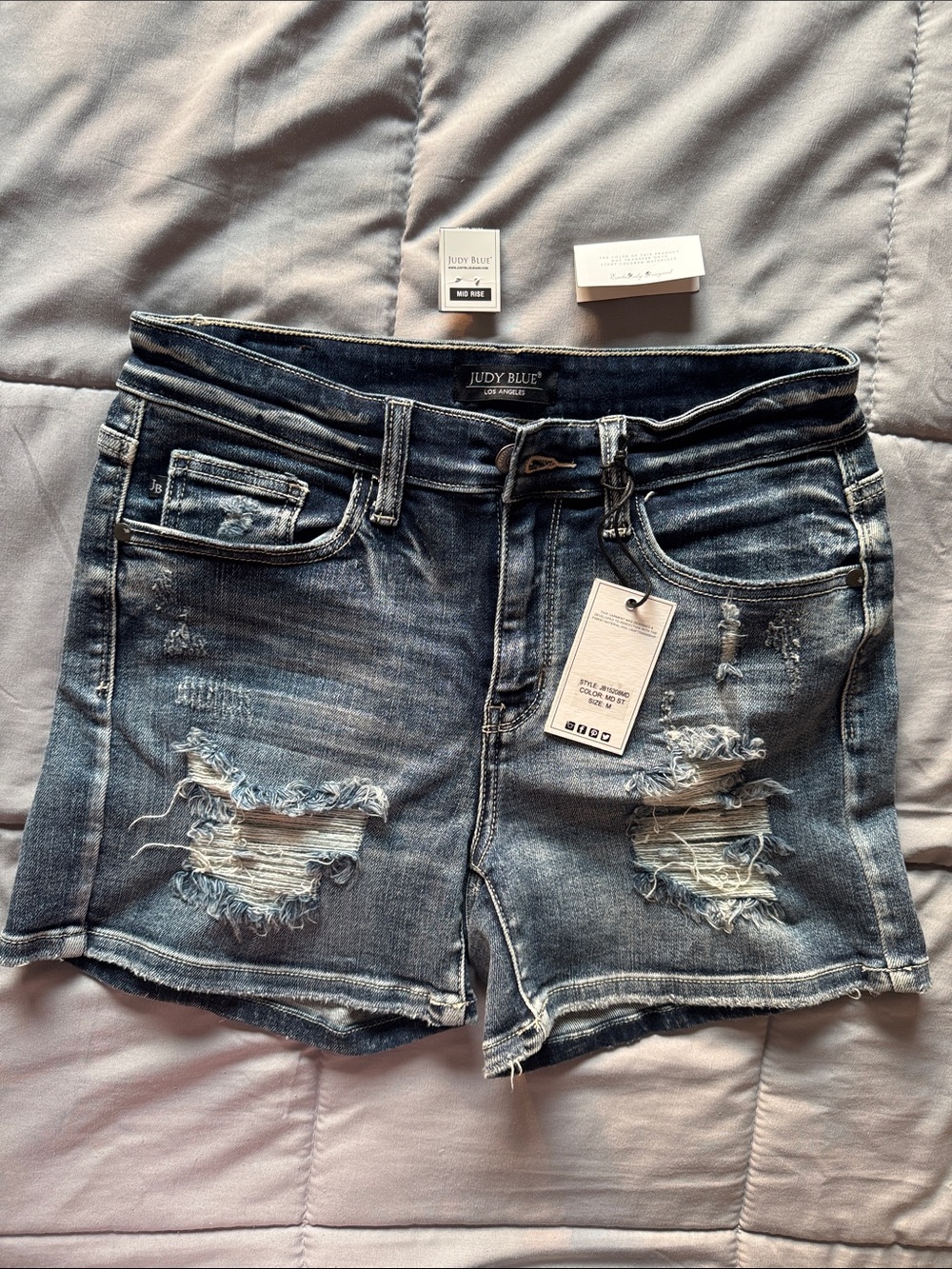 Judy Blue Distressed Mid-Rise Ripped Jean Shorts - Blue Denim